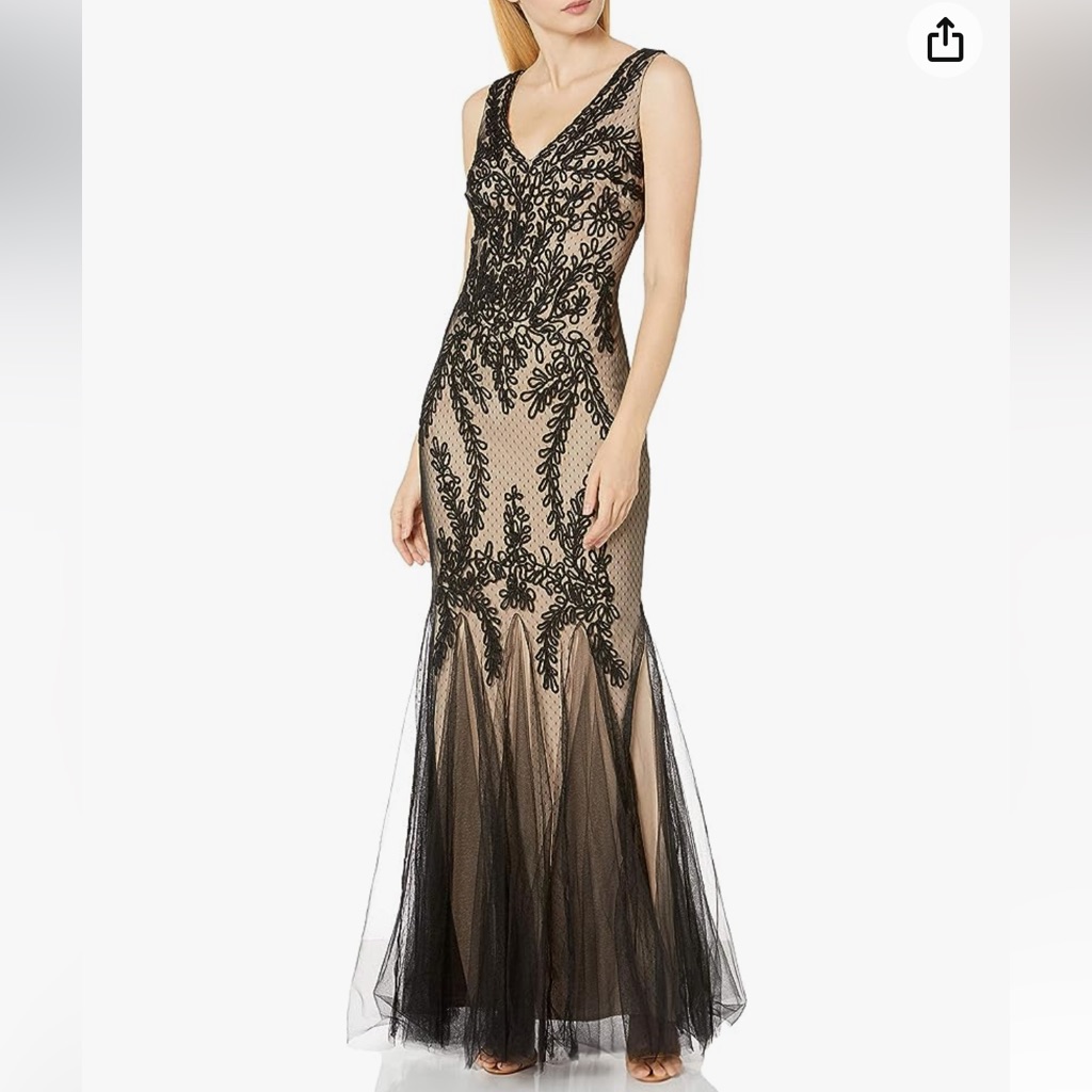 Cachet Nude/Blk Lace Overlay Tulle Mermaid Gown